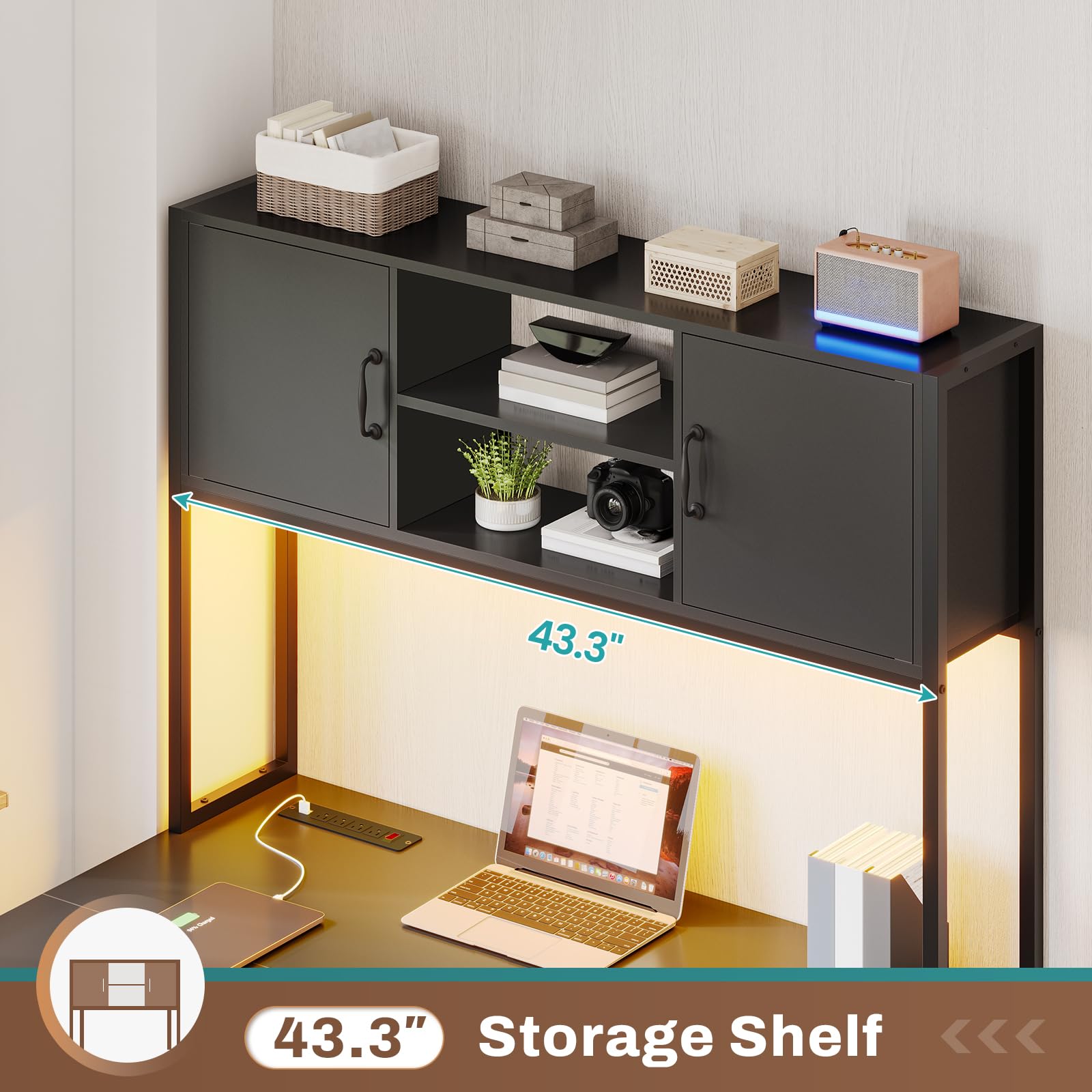 L-Shaped Corner Desk with Drawers, LED Lights & Power Outlet