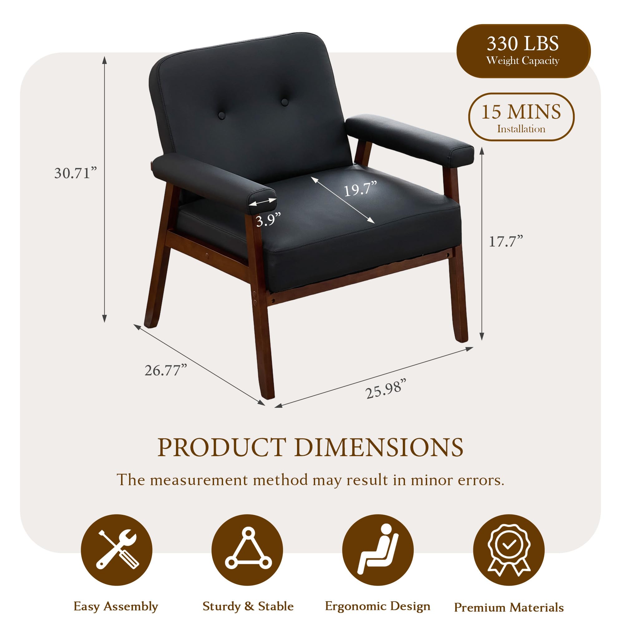 STHOUYN Accent Chairs Set of 2, Black Leather Chair with Wood Frame, Upholstered Tufted Reading Arm Chair, Mid-Century Modern Comfy Living Room Chair, Side Chairs for Living Room, Waiting Room (2)