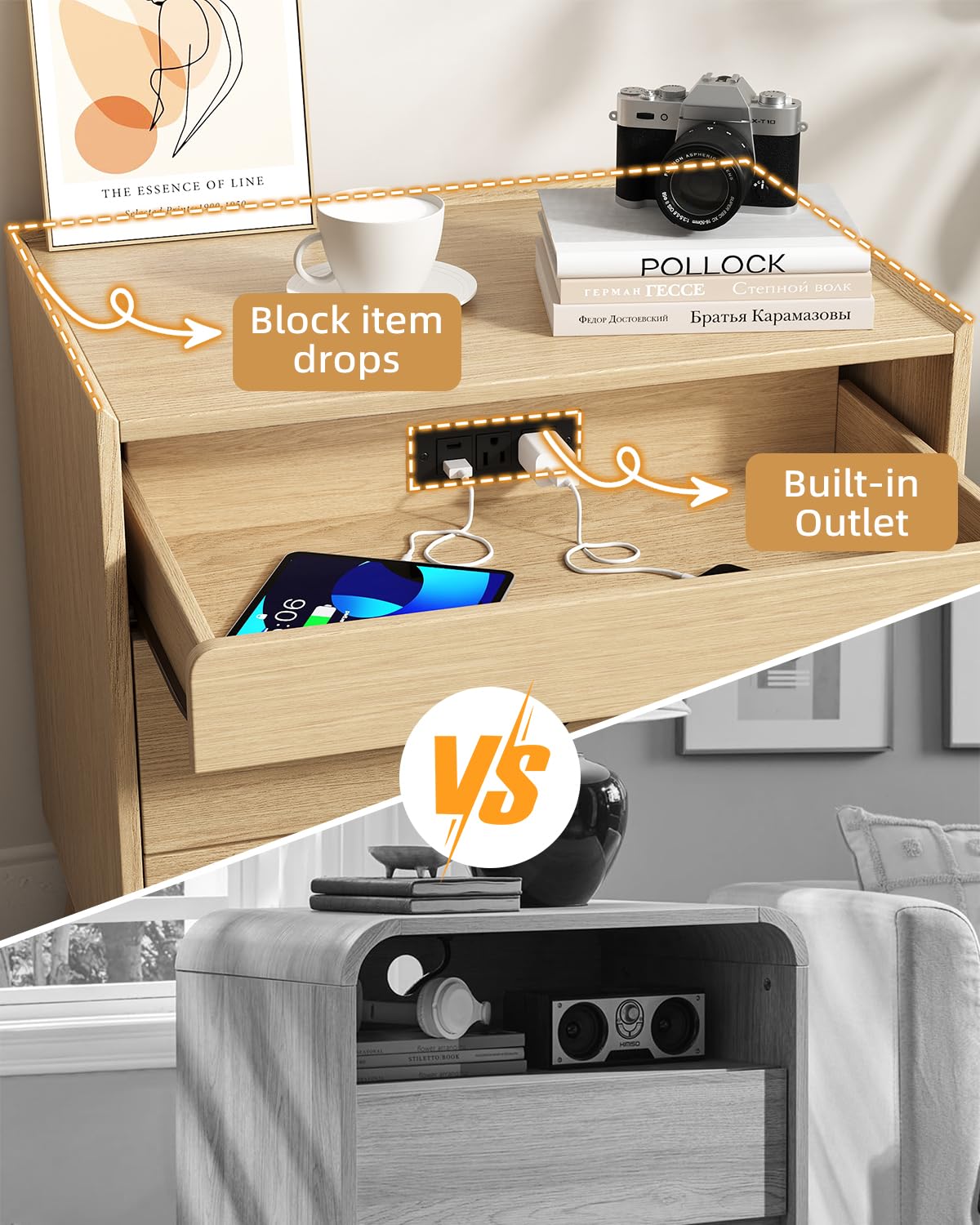 24" Wide Nightstand Set of 2, Hidden Charging Station, 2 Drawers Night Stand with Pull-Out Shelf, Modern Beside End Table for Bedroom, Living Room, Closet, Natural Wood