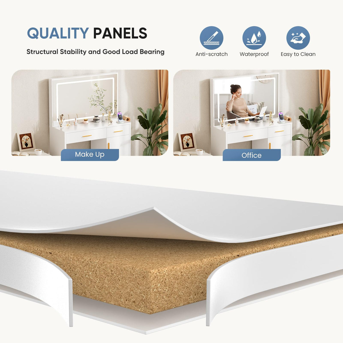 OLIXIS Vanity Desk with Mirror and LED Lights for Bedroom, White