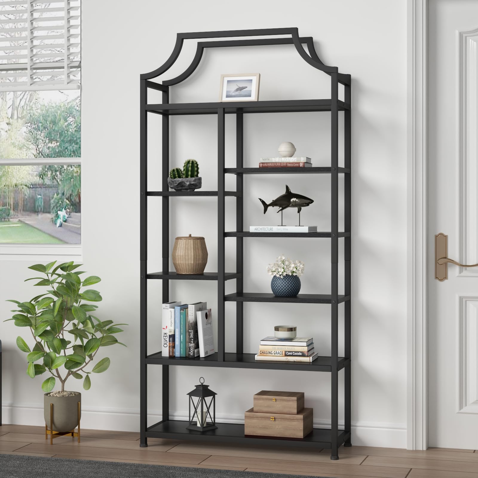 8-Tier Etagere Bookcase – Staggered Open Shelf with Metal Frame