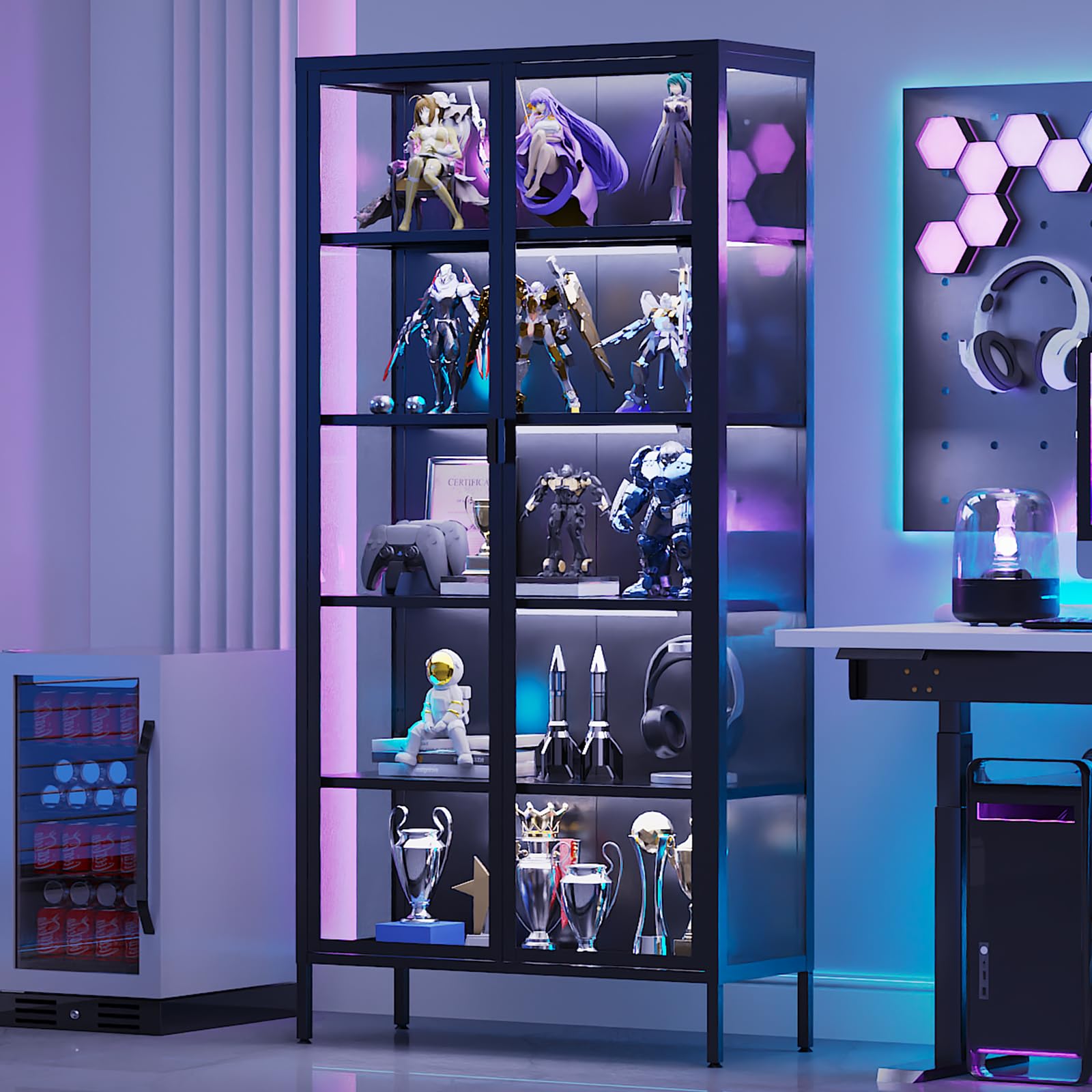 5-Tier Glass Display Cabinet with LED Sensor Lights & Adjustable Shelves