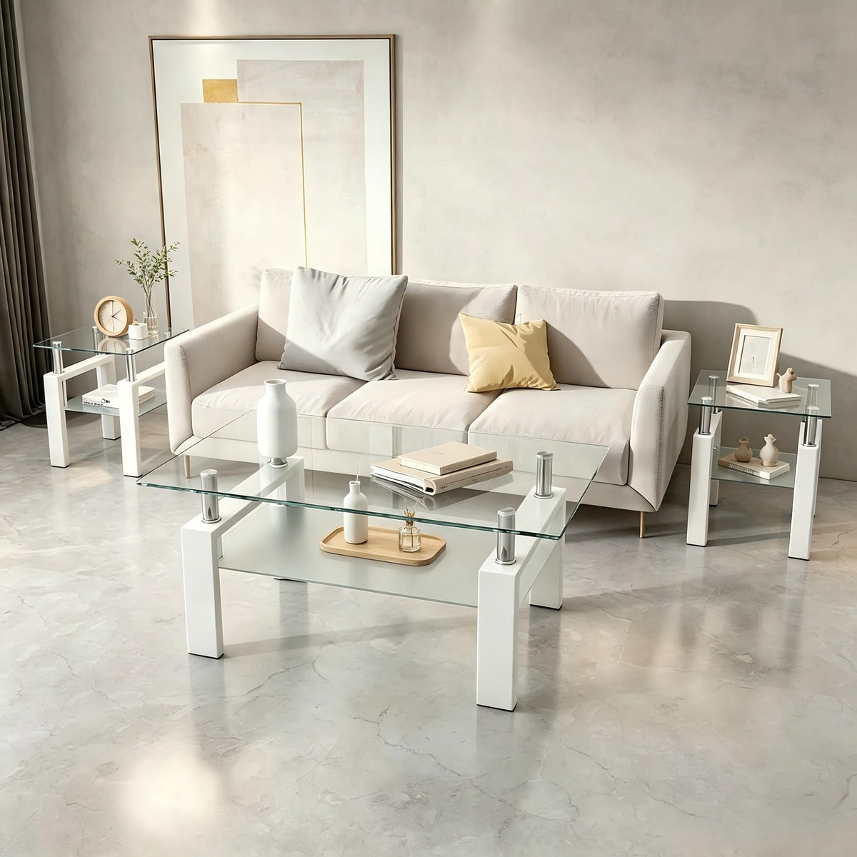 Meihua 3-Piece Coffee Table Set, Glass Coffee Table with 2 End Tables