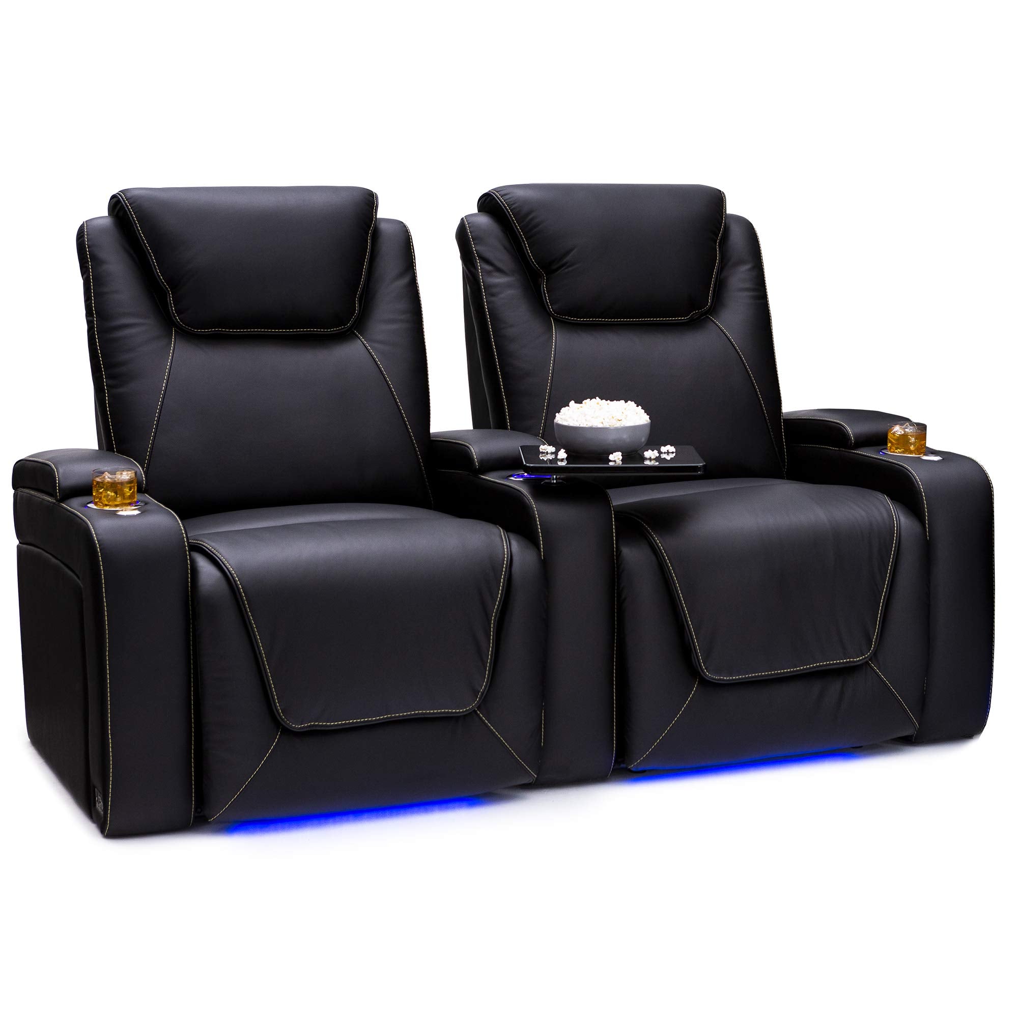 Seatcraft Pantheon - Big & Tall - Home Theater Seating - Living Room - 400 lbs Capacity - Italian Leather - Power Recline - Powered Headrest and Lumbar - Cupholders - Arm Storage, Row of 2, Black