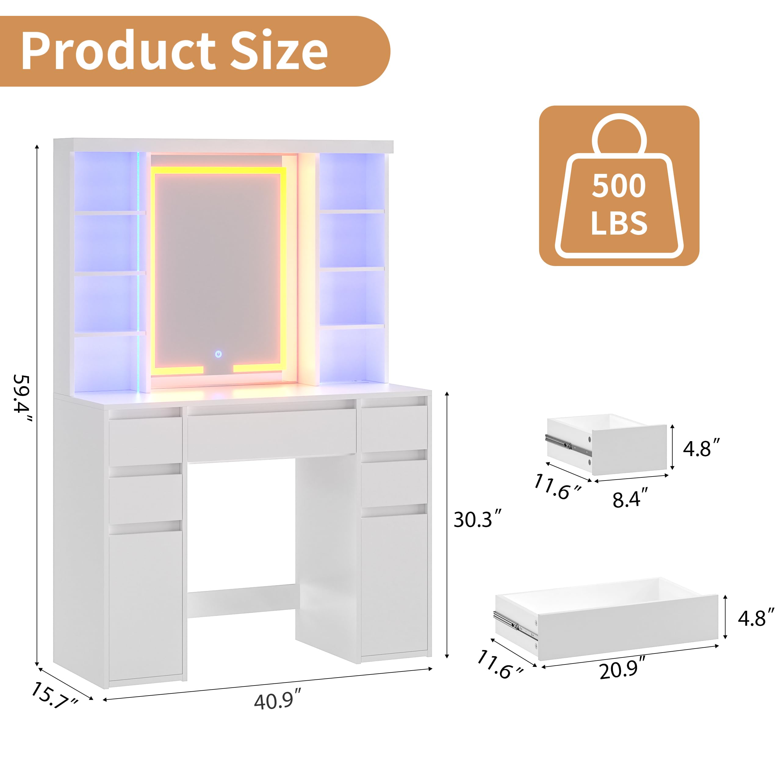 COWMOU Tall Vanity Desk with LED Mirror and RGB Lights Shelves, White Makeup Vanity with Power Outlet, Vanity Table with 5 Sliding Drawers & 2 Cabinets for for Bedroom and Dressing Room