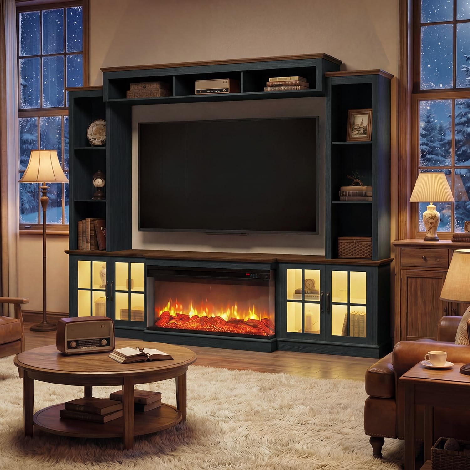 Nordivale 98" Farmhouse Fireplace TV Stand Entertainment Center with Bookshelf, Wall Unit Media Console with Power Outlets & Barn Doors, Fits TVs up to 75" for Living Room, Black