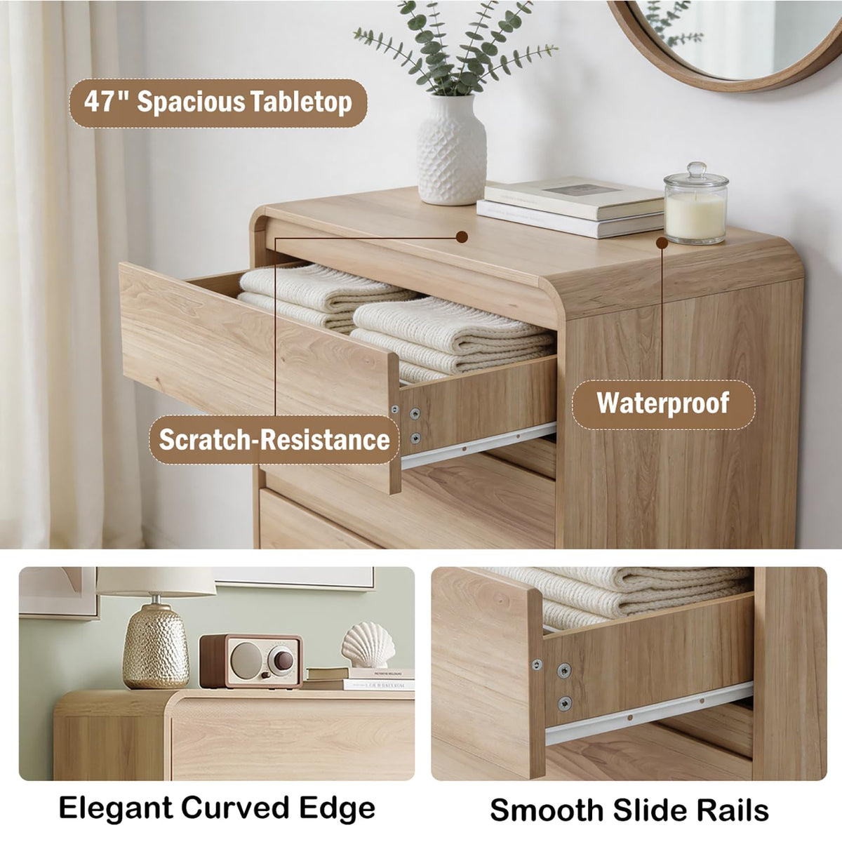 Madaha 5 Drawer Dresser for Bedroom,Curved Edge Design Modern Dressers & Chest of Drawers, Nursery Dresser Natural Oak