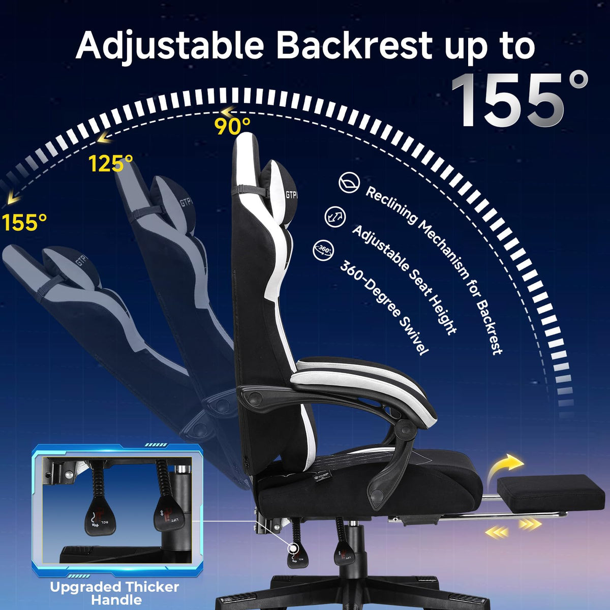 Black Fabric Gaming Chair with Footrest