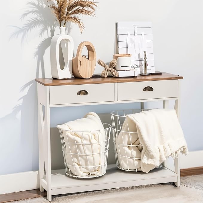 Farmhouse Coffee Table with Storage & Drawers, Ivory