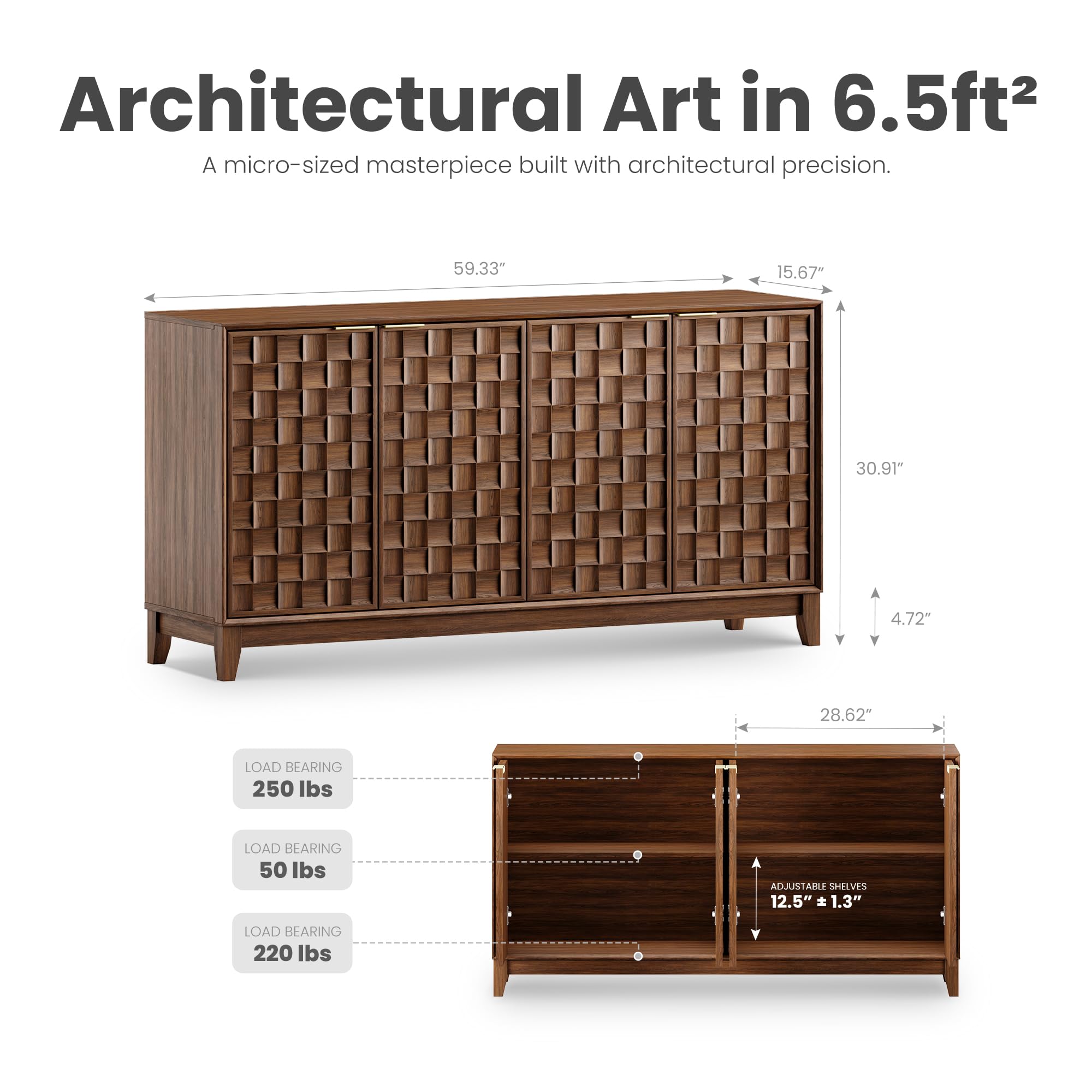 MALOL Fluted Sideboard Buffet Cabinet with Storage, 59" Wood Buffet Table with 4 3D-Checkerboard Doors & Adjustable Shelves, Kitchen Dining Room Coffee Bar Cabinet, Mid Century Modern Style, Walnut