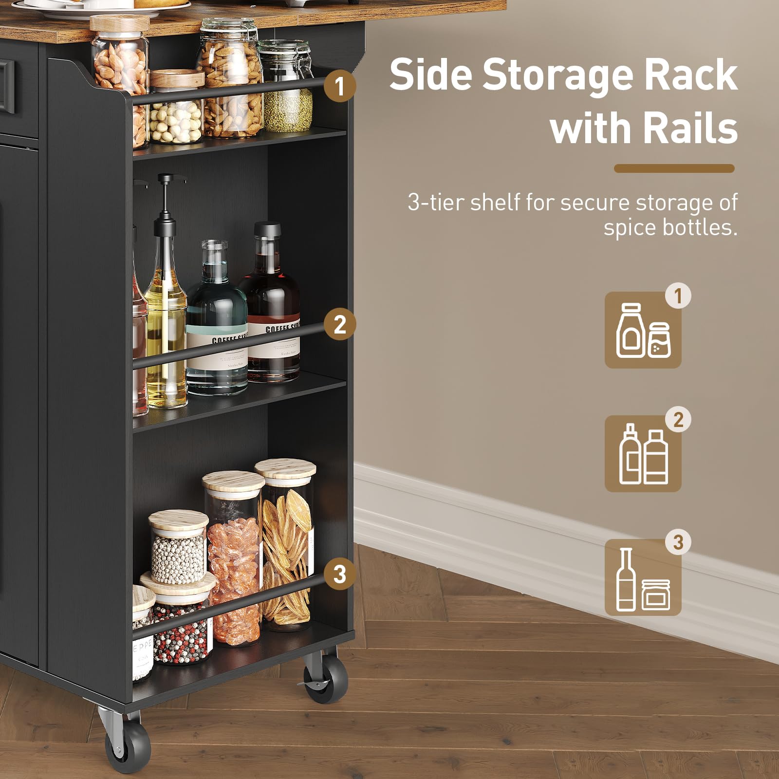Kitchen Island with Power Outlets & Drop Leaf