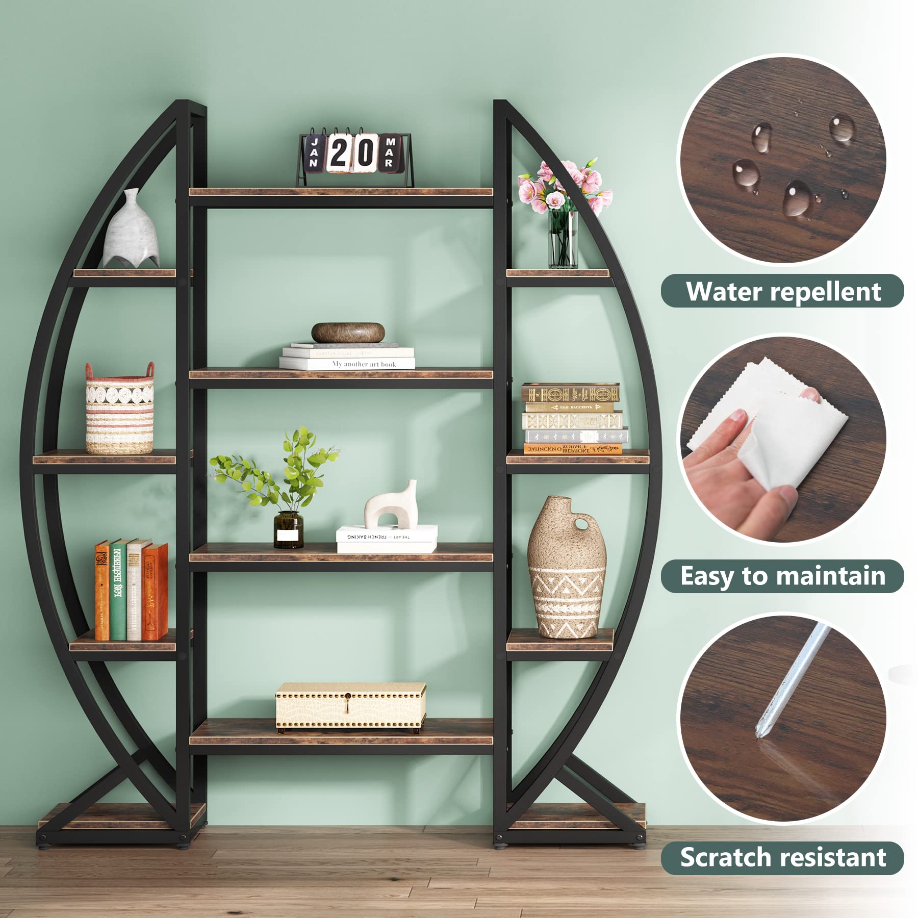 Triple Wide Oval Etagere Bookcase – 5-Tier, 12 Shelves, Industrial Metal Frame