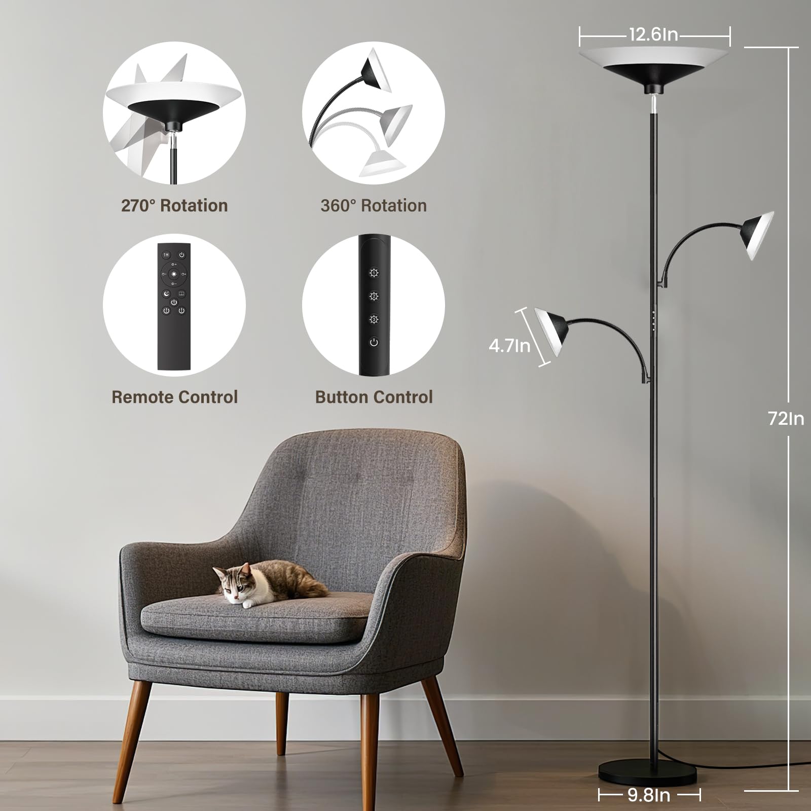 3-Light Dimmable LED Torchiere Floor Lamp