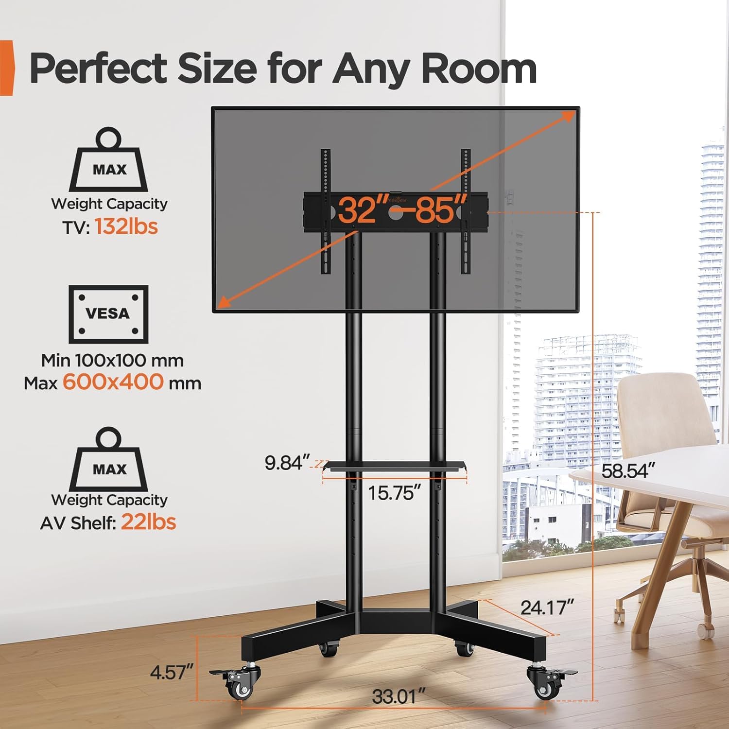 Rolling TV Stand with Wheels for 32–85 Inch TVs