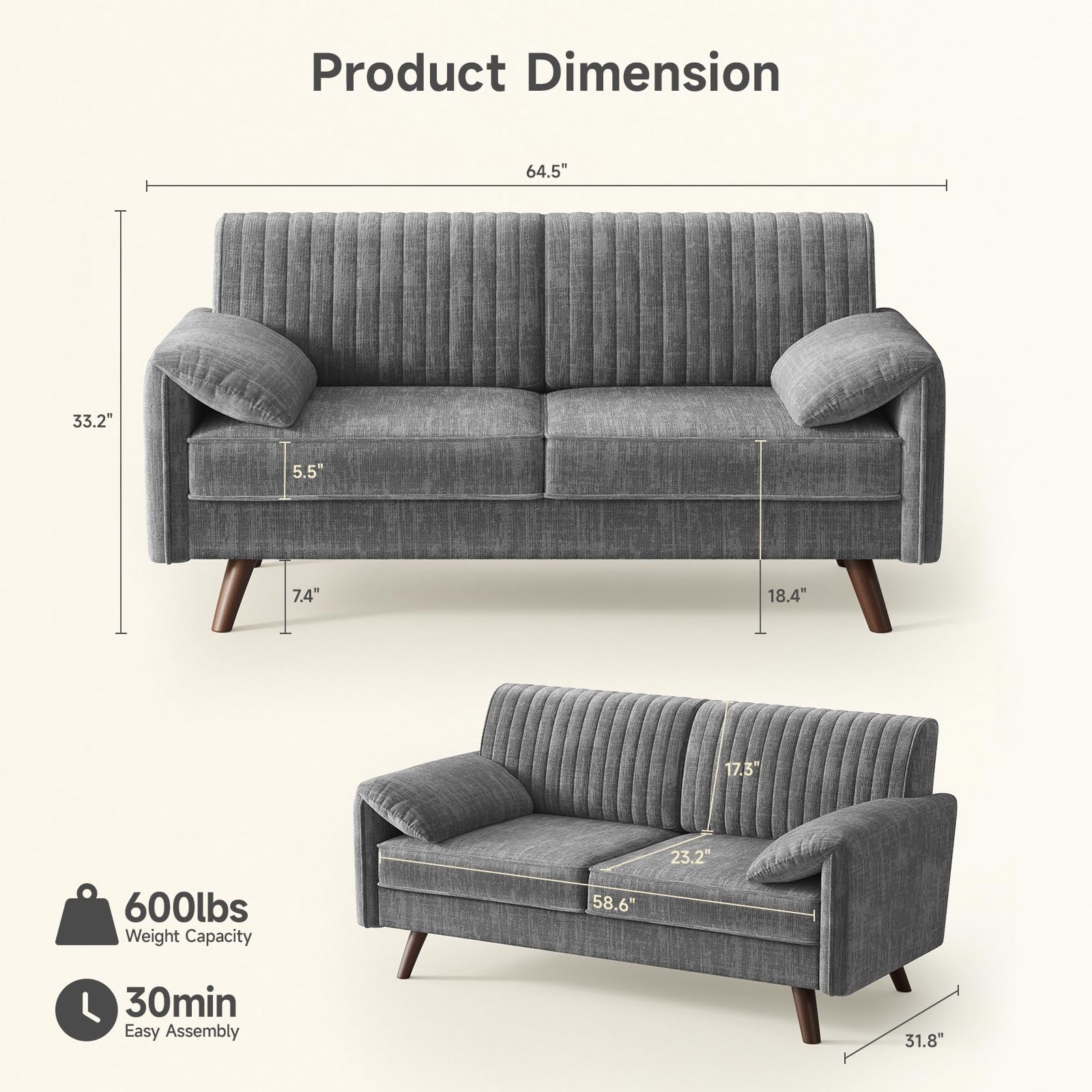 Chenille Loveseat Sofa with Padded Arms
