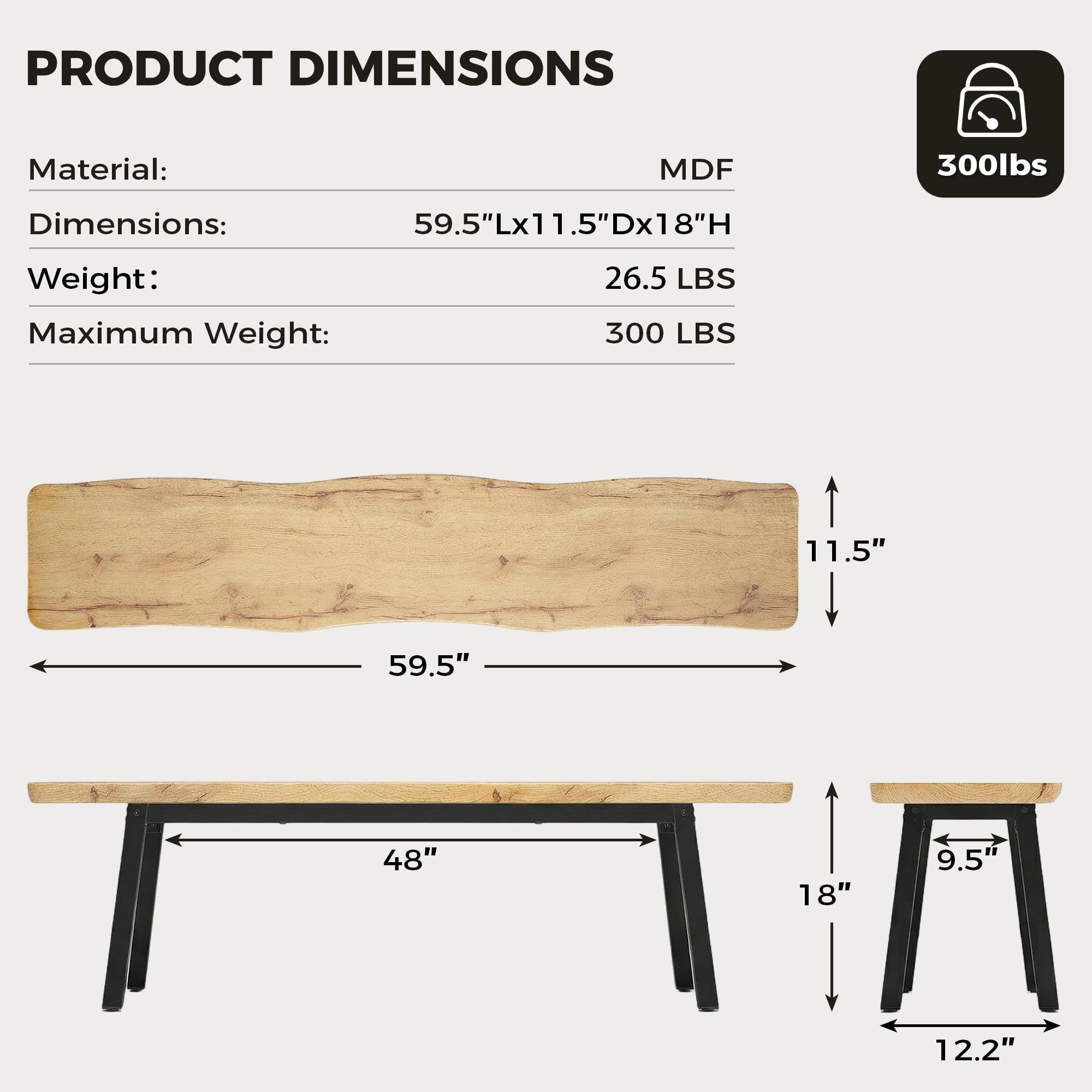 FUQARHY 59” Dining Bench Pair of 2 for 6-8 Person, Farmhouse Long Kitchen Table Benches, Entryway Bench, Indoor Bench (Oak)