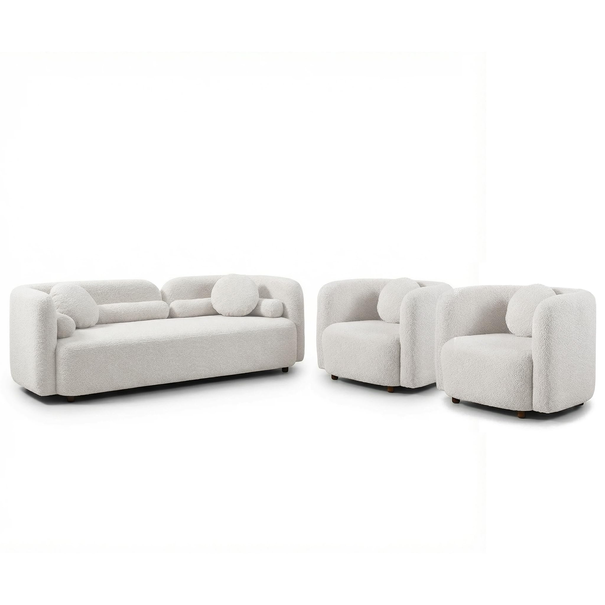 SSC SATISUNCASA White Sofa Couches Set of 3 Living Room Modern Integral Sofas Furniture 3 Seater Curved Back Sofa + 2 Single Chair Boucle Fabric Solid Wood Frame with 6 Pillows Rectangular Couch