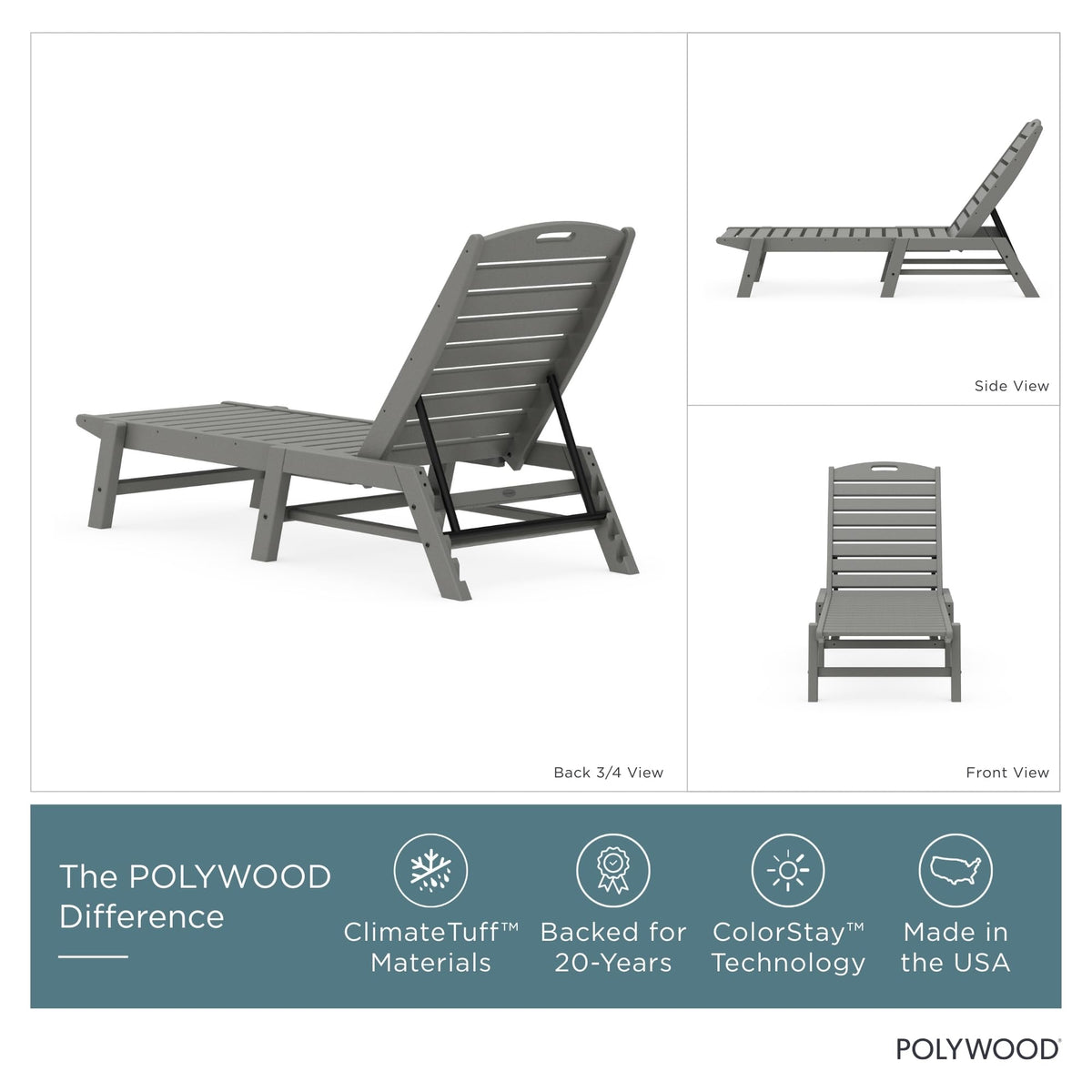 POLYWOOD Nautical Patio Chaise, Slate Grey