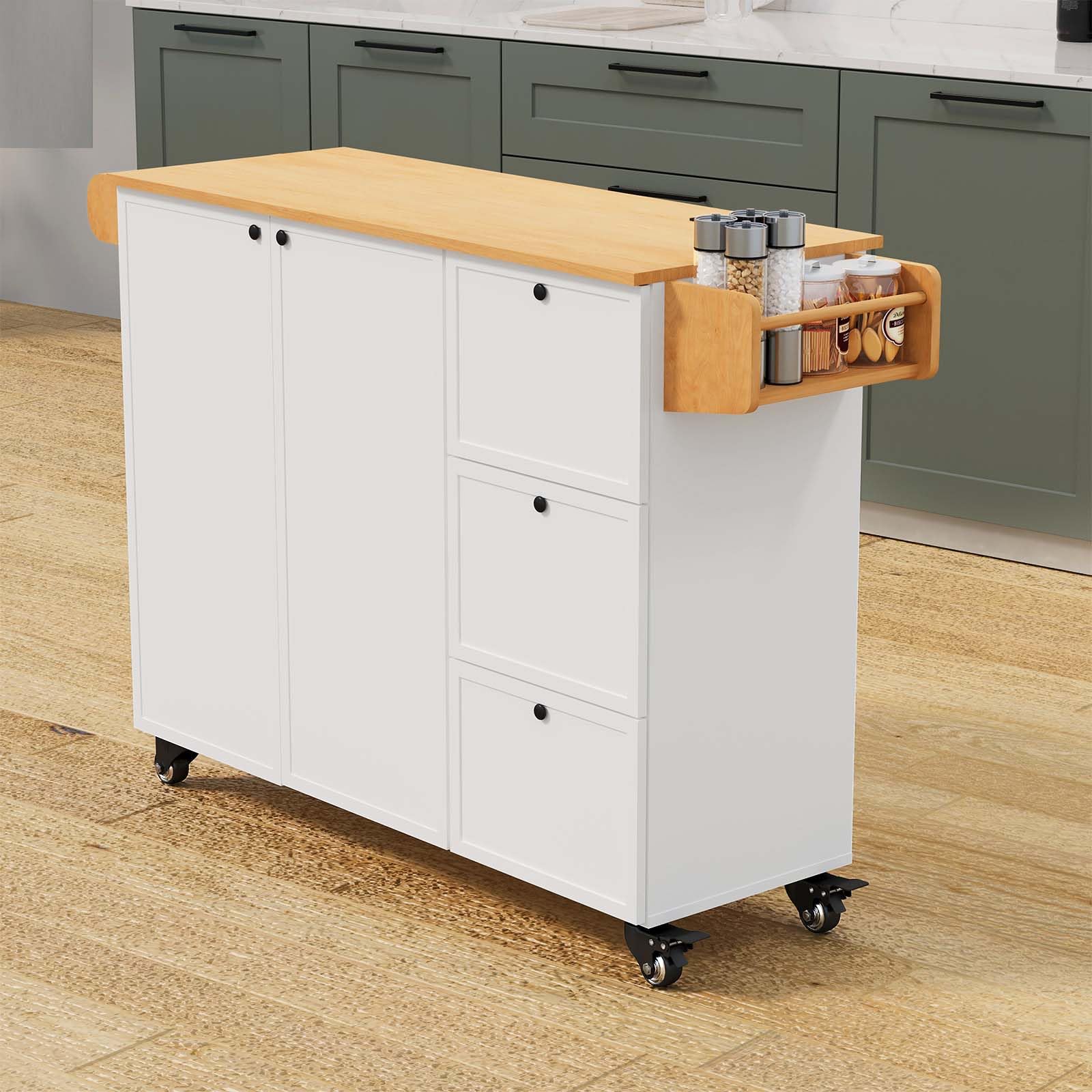Kitchen Island with Storage, Rolling Kitchen Island on Wheels with Drawers and Doors, Mobile Kitchen Island with Towel Rack and Spice Rack, Wood Top Kitchen Cart with Power Outlet for Kitchen (White)