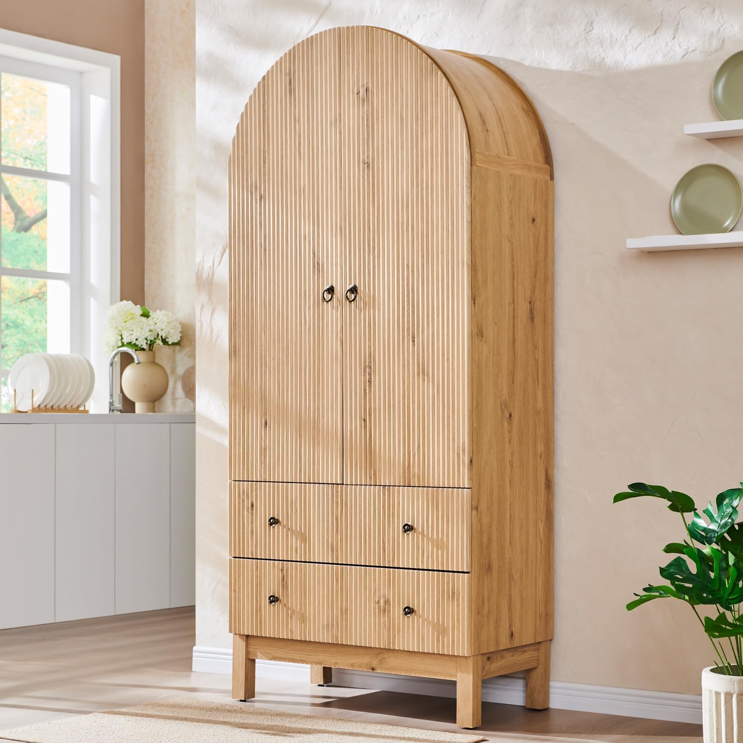 Fluted Arched Pantry Cabinet with Drawers & Adjustable Shelves