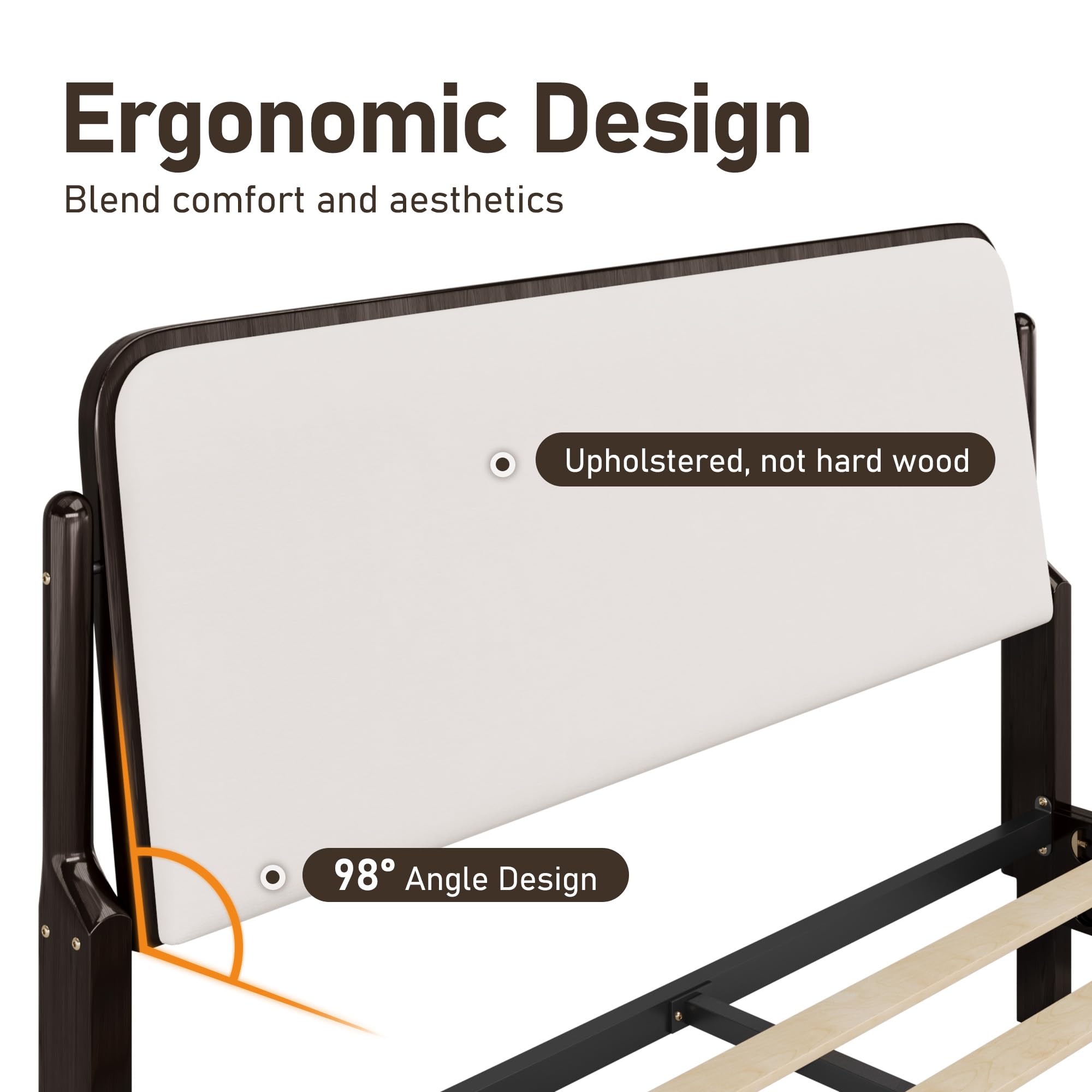 Lifezone Queen Bed Frame with Upholstered Headboard, Solid Wood Bed Frame Queen Size with Ergonomic Design Headboard, Wood Slats Support, Noise-Free, Easy Assembly,No Box Spring Needed, Walnut