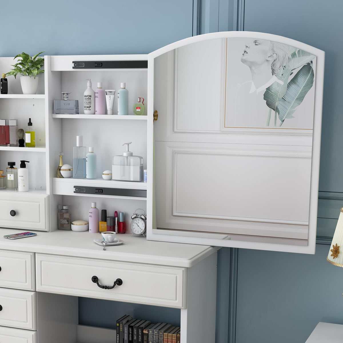 PVWIIK Vanity Desk with LED Lighted Mirror, 3 Dimmable Light Modes, Makeup Vanity Set with Chair, 6 Drawers & Open Storage Shelves, White Dressing Table for Bedroom