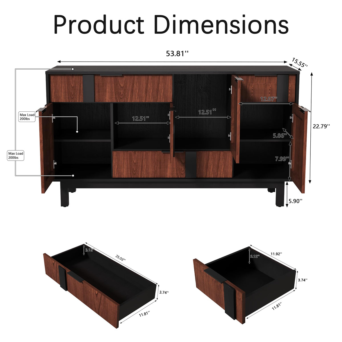 ZOSQUARE 54 Inch Wide Sideboard Buffet Cabinet with Storage, Walnut