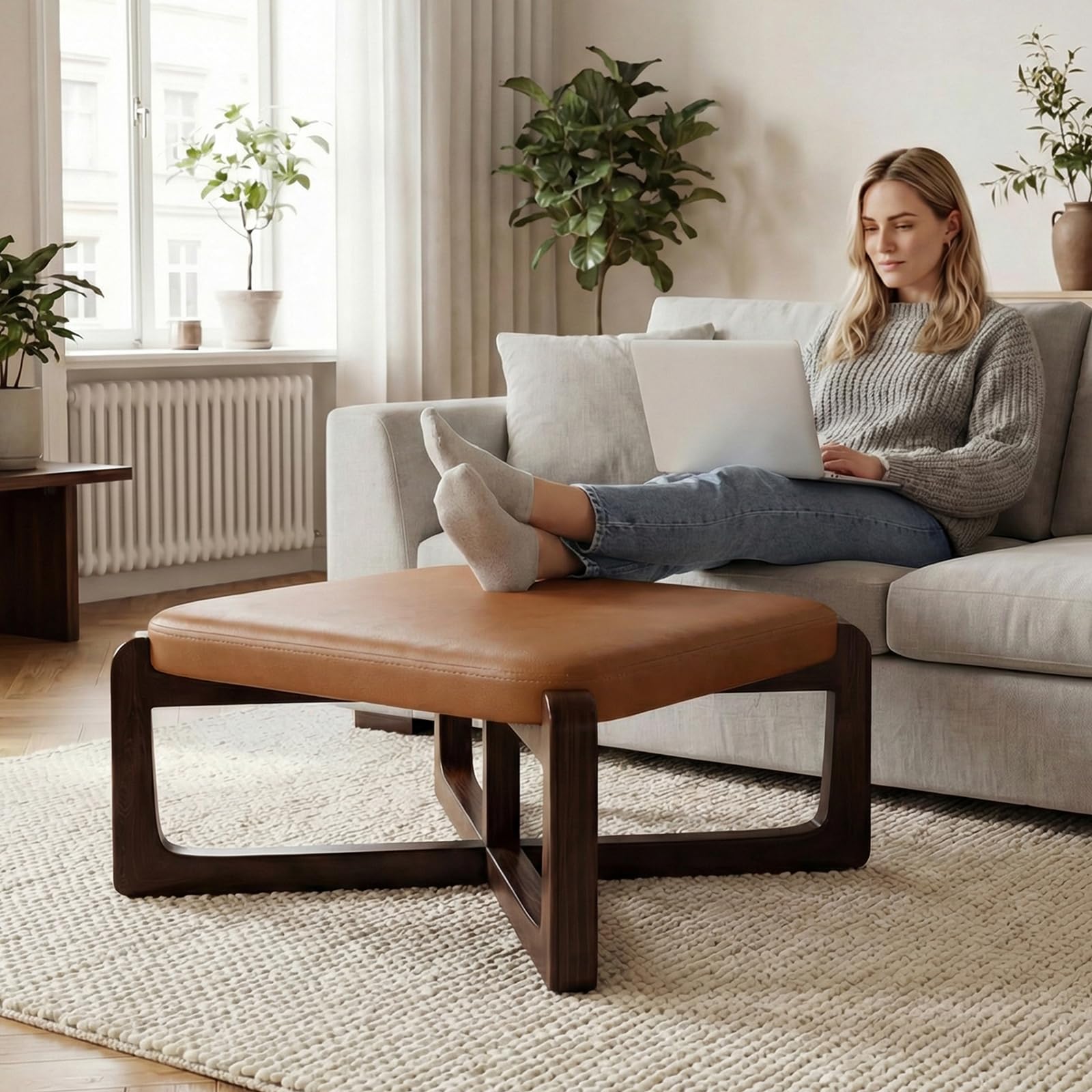 Divanus Faux Leather Square Coffee Table Ottoman,24" Coffee Table for Living Room Ottoman,Ash Wood Living Room Table,Small Footstool (Brown)