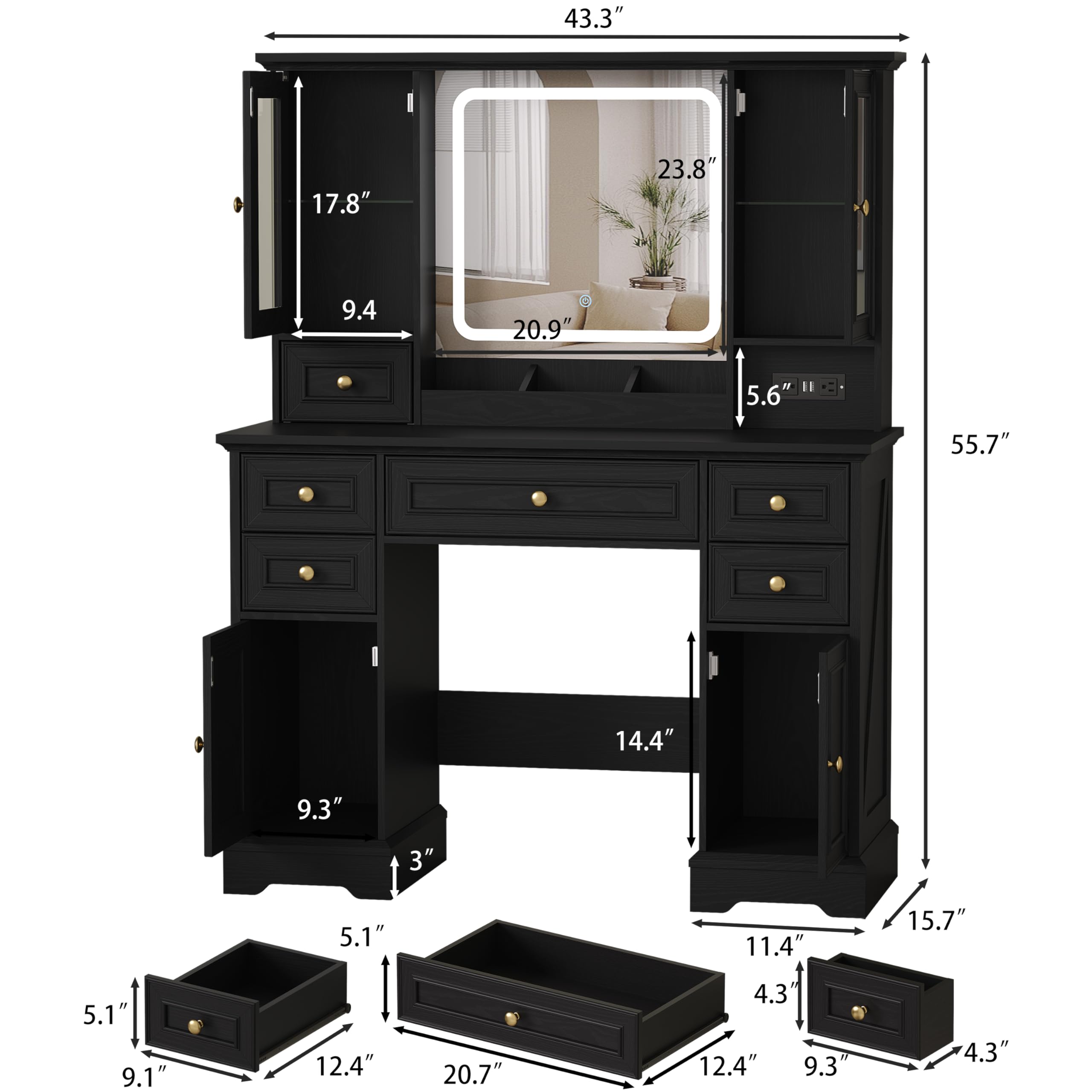 Makeup Vanity Desk with Mirror and Lights, Farmhouse Vanity Table Set with 6 Drawer&Charging Station, Makeup Desk with RGB Cabinets, Black Vanity with Lighted Mirror for Girls Women, 3 Light Modes