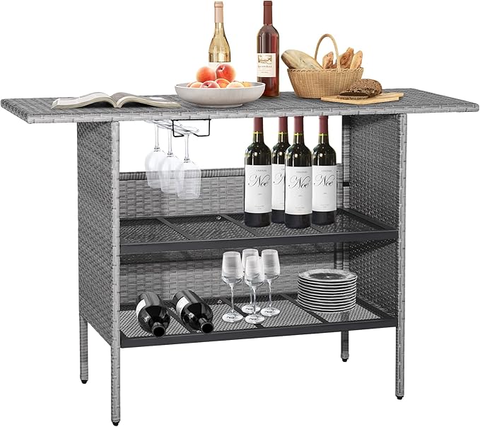 Outdoor Wicker Bar Table with Mesh Shelves & Stemware Rack