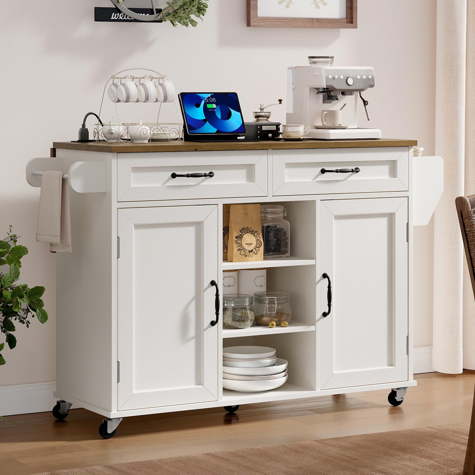 Kitchen Island Cart with Drop Leaf, Power Outlet & Storage