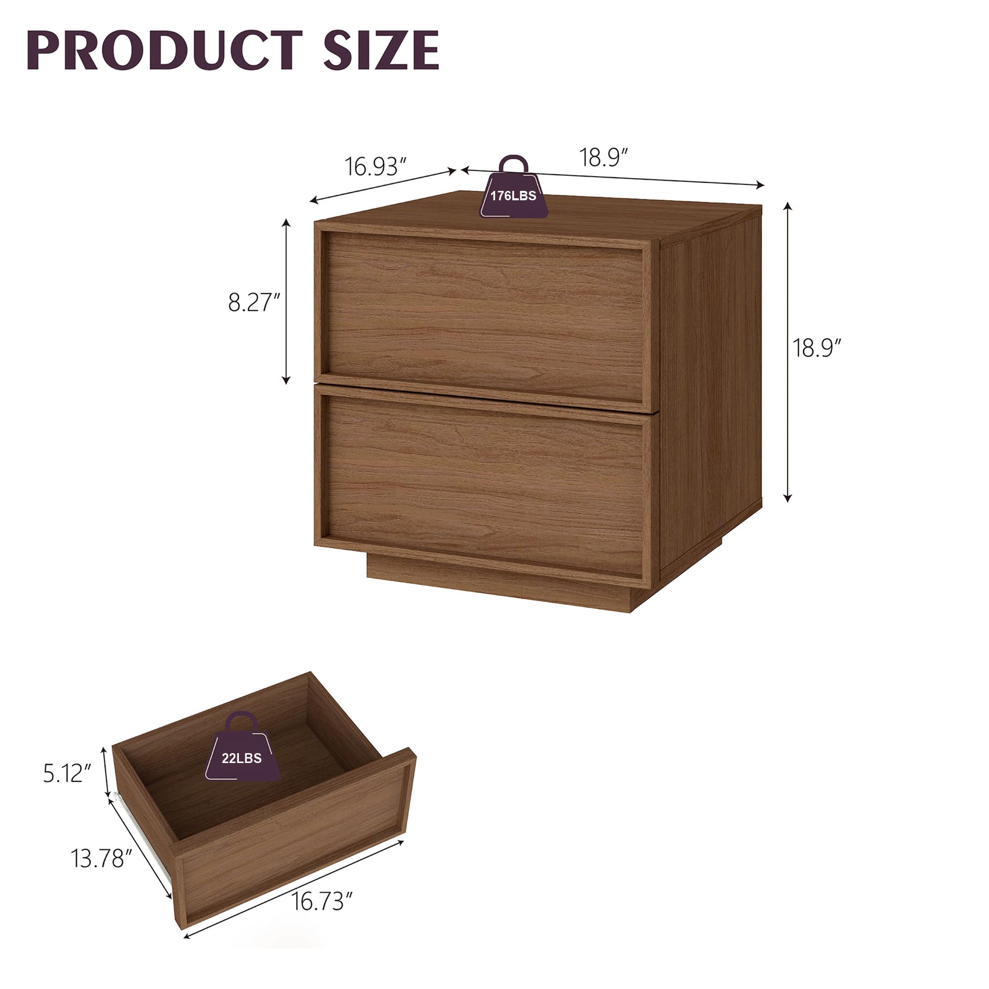 RYWI11OUSE Small Night Stand Set of 2 with 2 Drawers,Modern NightStand with Storage, Bedside Table for Bedroom, Walnut
