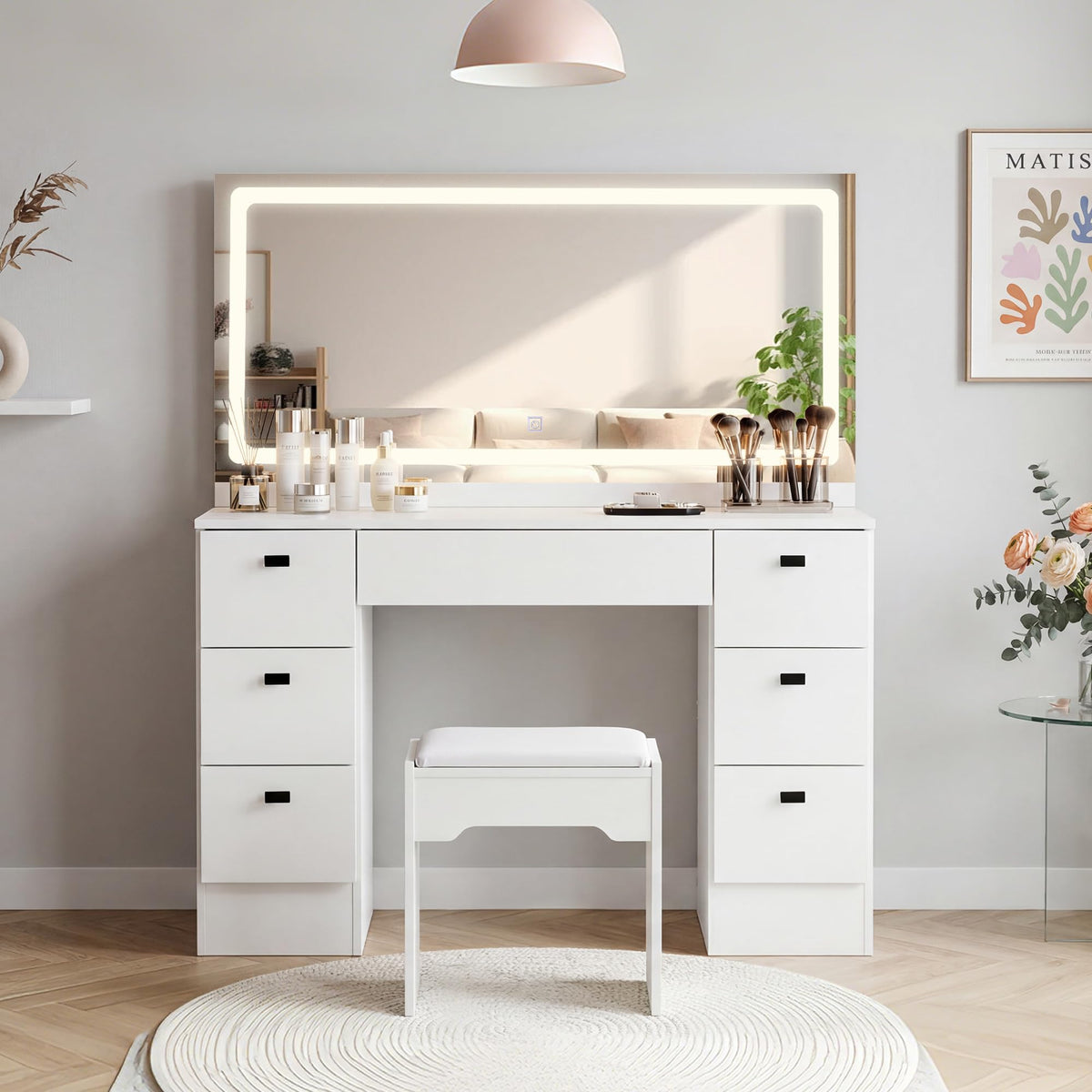 TUKAILAi 46.1" Large Vanity Desk with Mirror and LED Lights,7 Drawers & Power Outlet, White Modern Makeup Vanity Desk with PU Cushion Stool, Touch Control 3 Color Modes Dressing Table Set for Bedroom