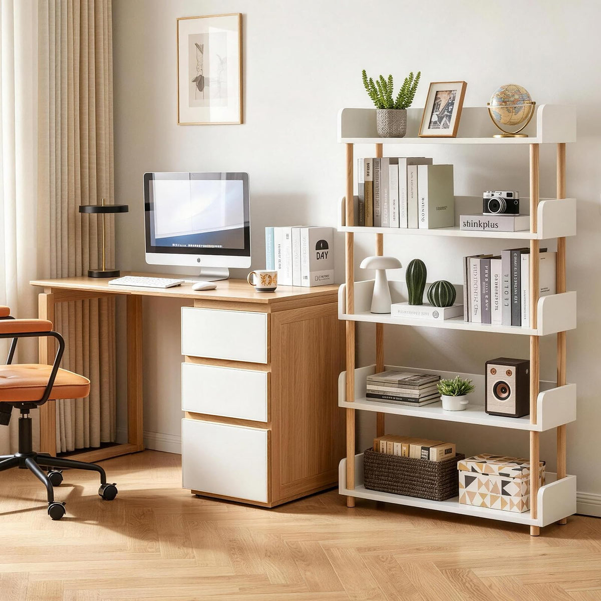 Aibiju Five-Tier Wooden Open Bookshelf - Modern Display Bookshelf for Home and Office Use, with Storage Cabinets, White YD-BC006W