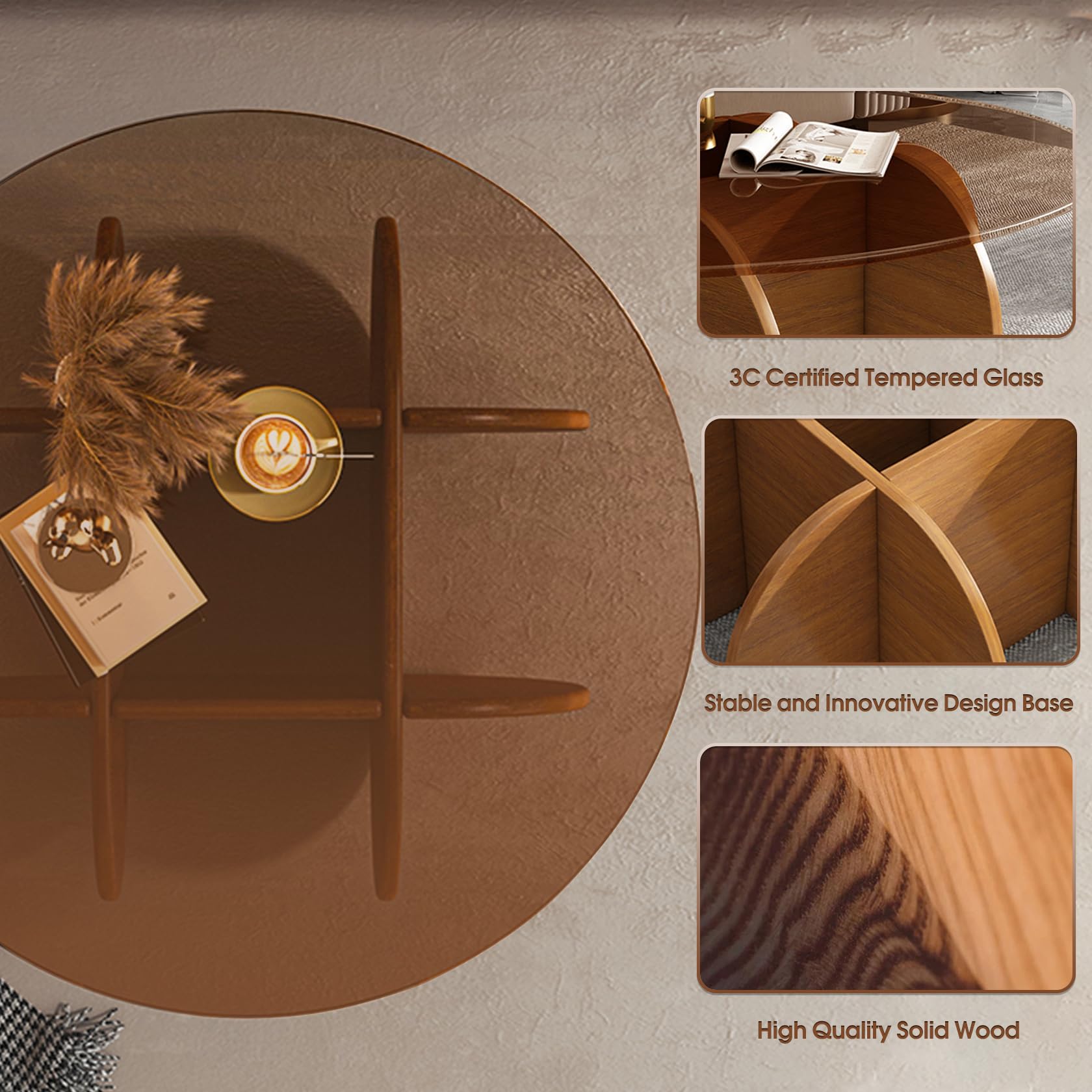 Round Glass Coffee Table with Wood Legs