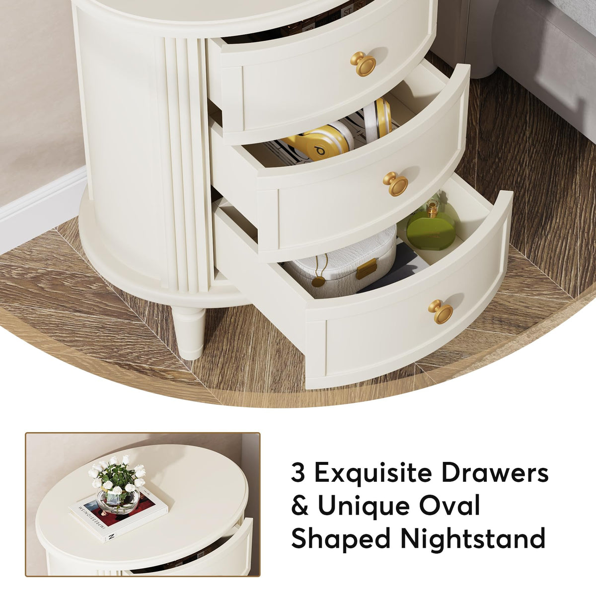 Cream 3-Drawer Nightstand