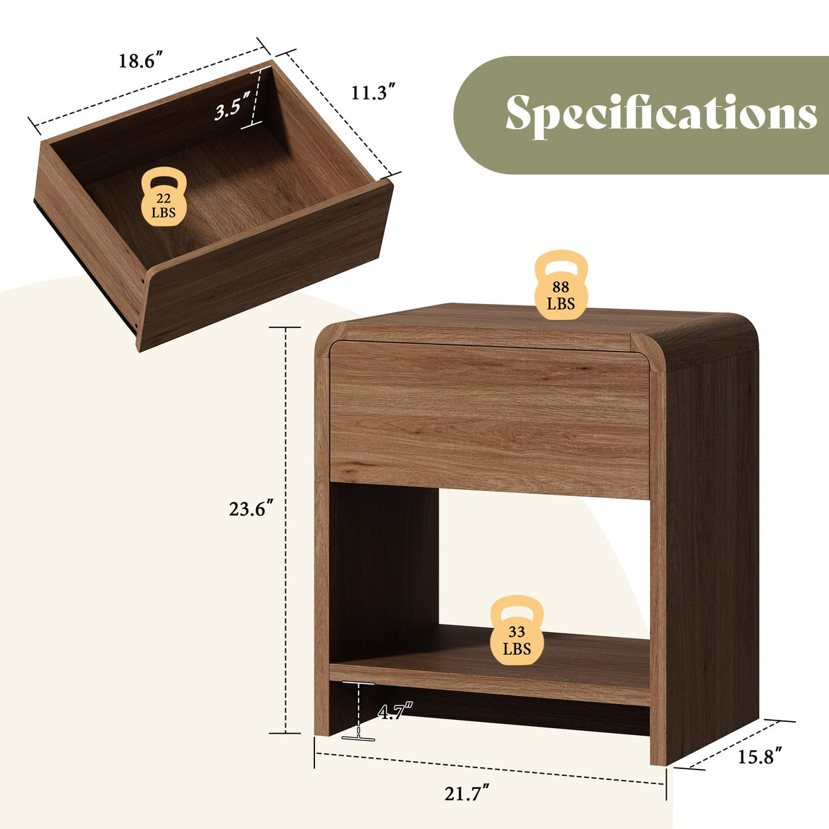 AMERLIFE Nightstands Set of 2 with Storage Drawer & Shelves, Walnut