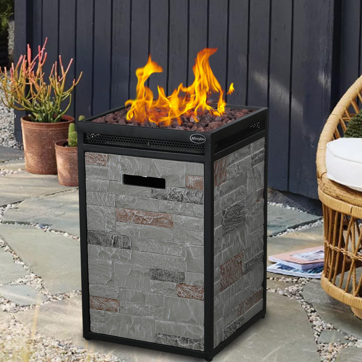 Afterglow Terrafab Grey Panels with Steel Frame 16" Square 40,000 Btu Propane Fire Column Outdoor Wood Effect Fire Pit for Outdoor Patio Garden Backyard Decking Decor