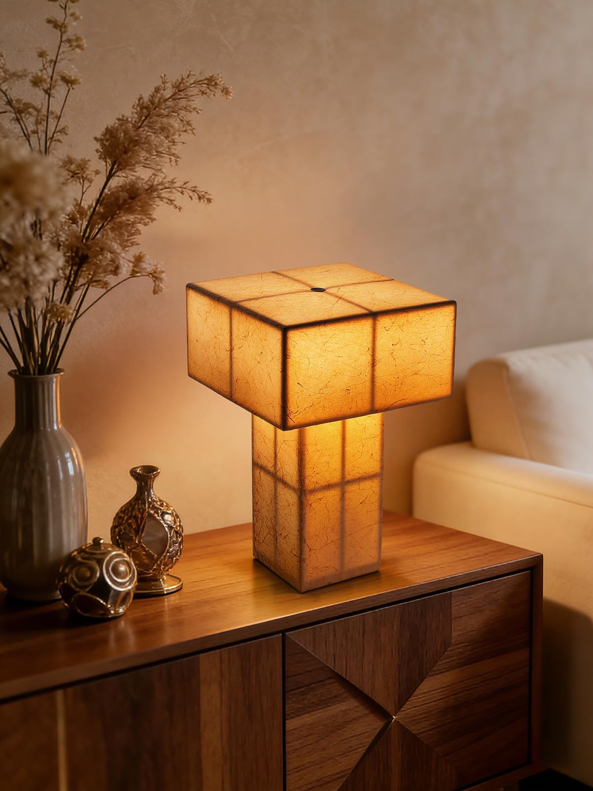 INSSKY 9.1''Mid Century Modern Table Lamp,Handmade Bedside Lamp with Dimmable,Cordless Rechargeable Lamp for Home Decor,LED Ambient Lighting for Nightstand,Living Room,Bedroom,Bulb Included(Yellow)