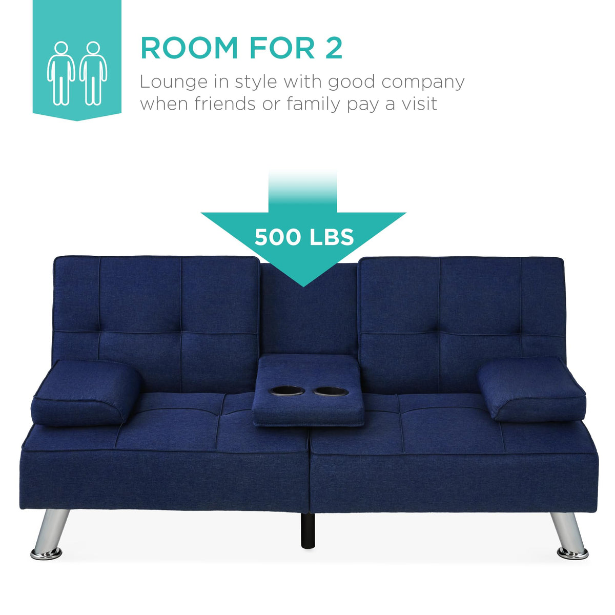 Best Choice Products Linen Modern Folding Futon, Reclining Sofa Bed for Apartment, Dorm w/Removable Armrests, 2 Cupholders - Dark Blue
