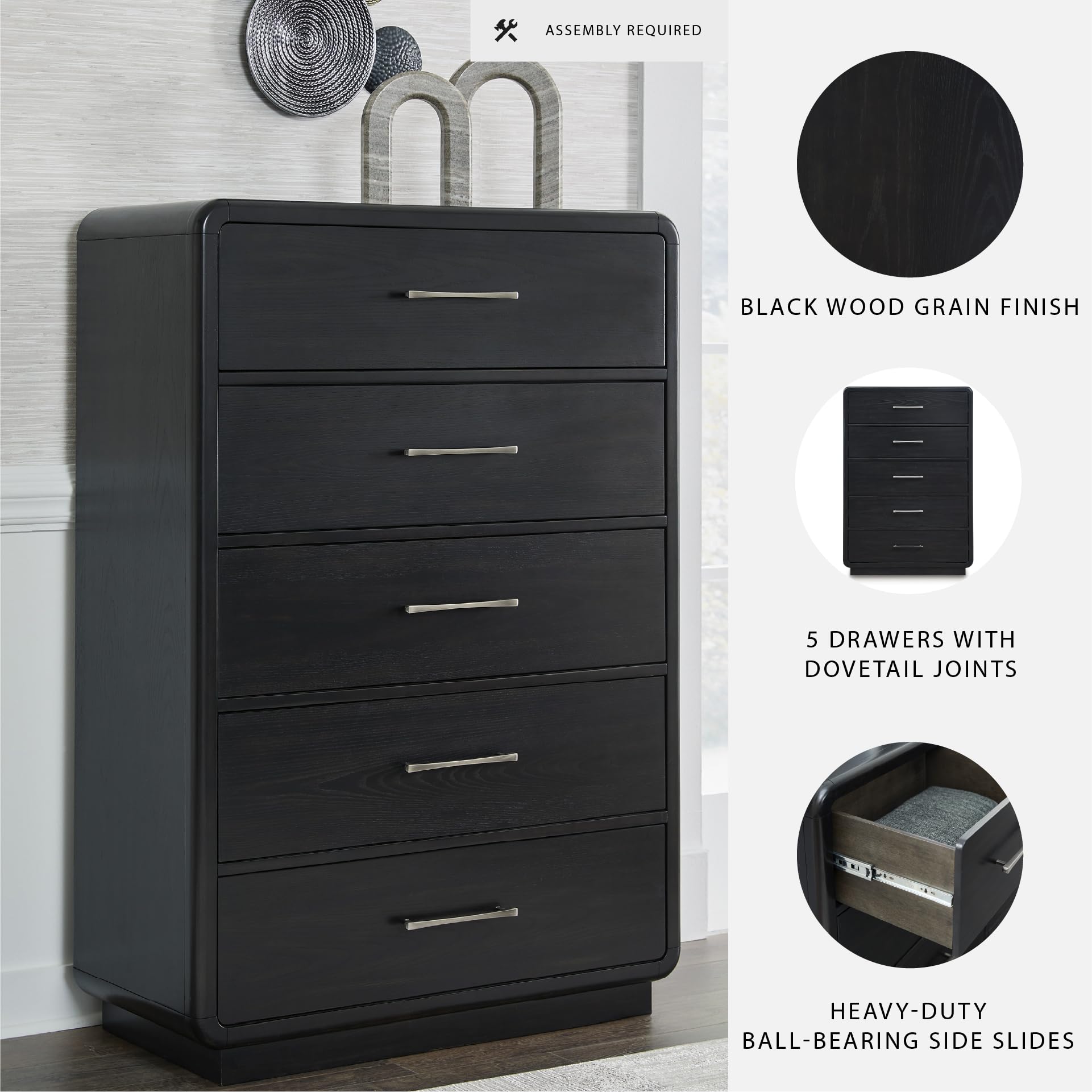 Signature Design by Ashley Rowanbeck Modern 5 Drawer Chest with Felt-Lined Top Drawer and Safety Stop, Black