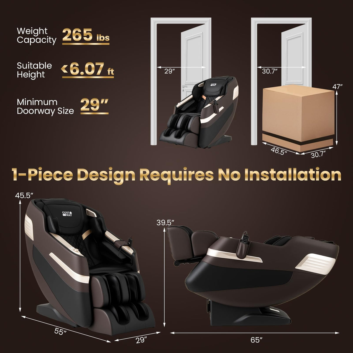 COSTWAY Full Body Massage Chair, Dual SL Tracks Zero Gravity Massage Recliner with Airbags, Waist Heater, Foot Rollers, Voice Control, Auto Body Scan, Retractable Calf Frame, Installation-Free Design