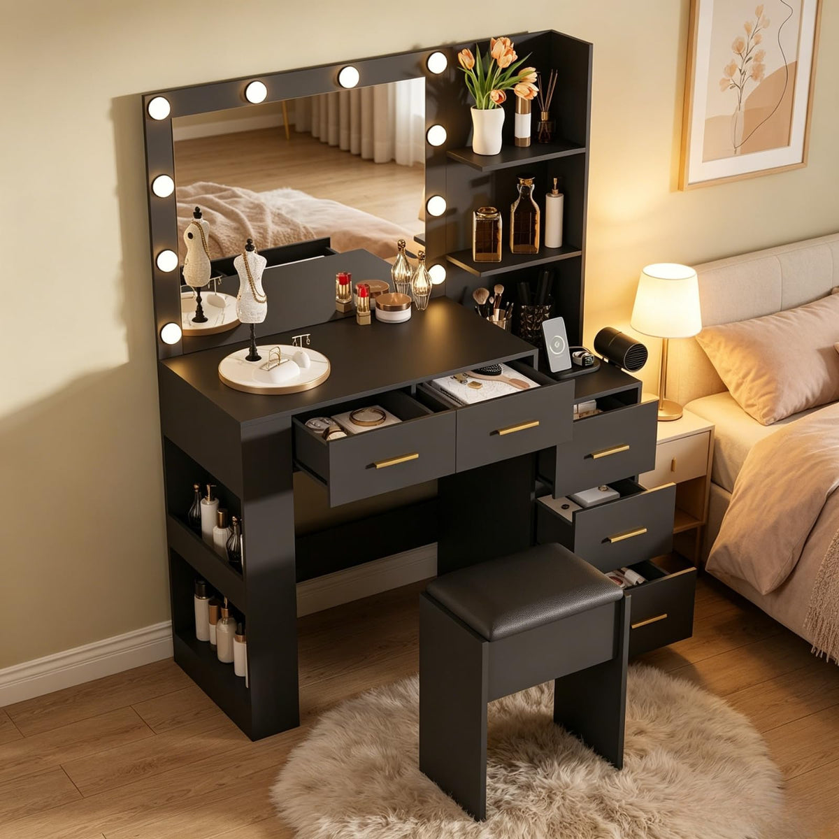 Makeup Vanity with Lighted Mirror & Stool