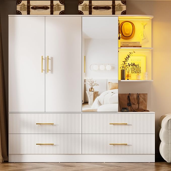 3-Door Wardrobe Closet with Mirror & LED Lights