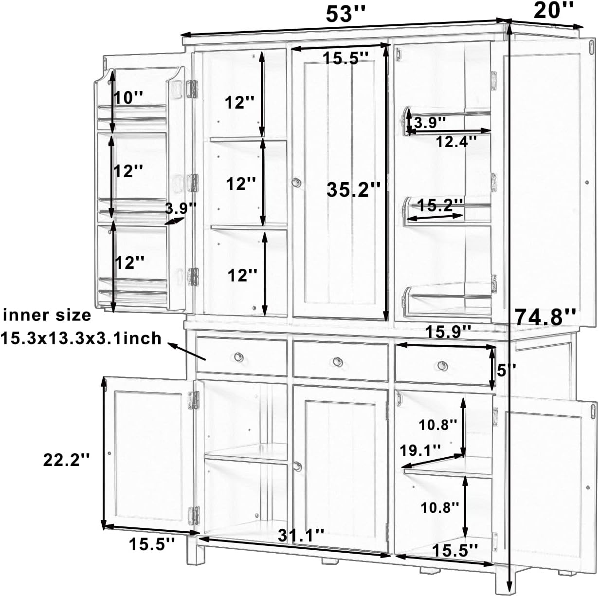 Merax 74.8'' Tall Kitchen Pantry Storage Cabinet with 6 Doors, 3 Drawers and Adjustable Shelves, Freestanding Large Cupboard & Pull-Out Trays for Kitchen, Dining Room, Living Room, Gray