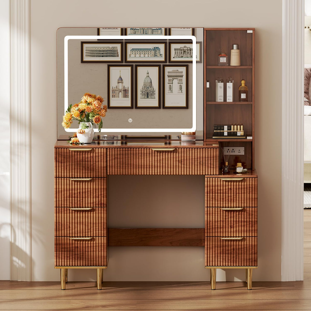 8-Drawer Vanity Desk with LED Mirror