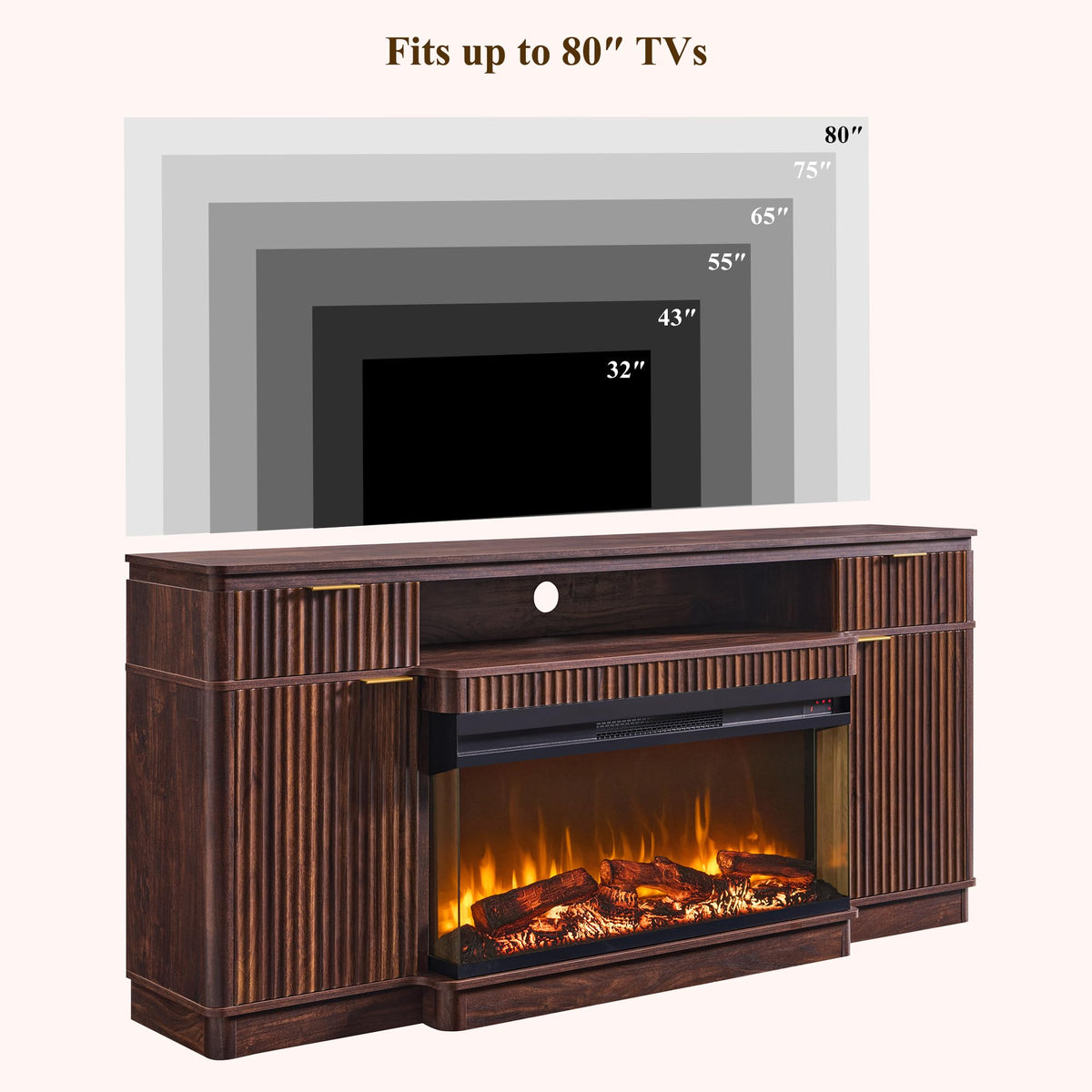 OKD 70'' Fireplace TV Stand with Storage, Fluted Media Console, Dark Walnut