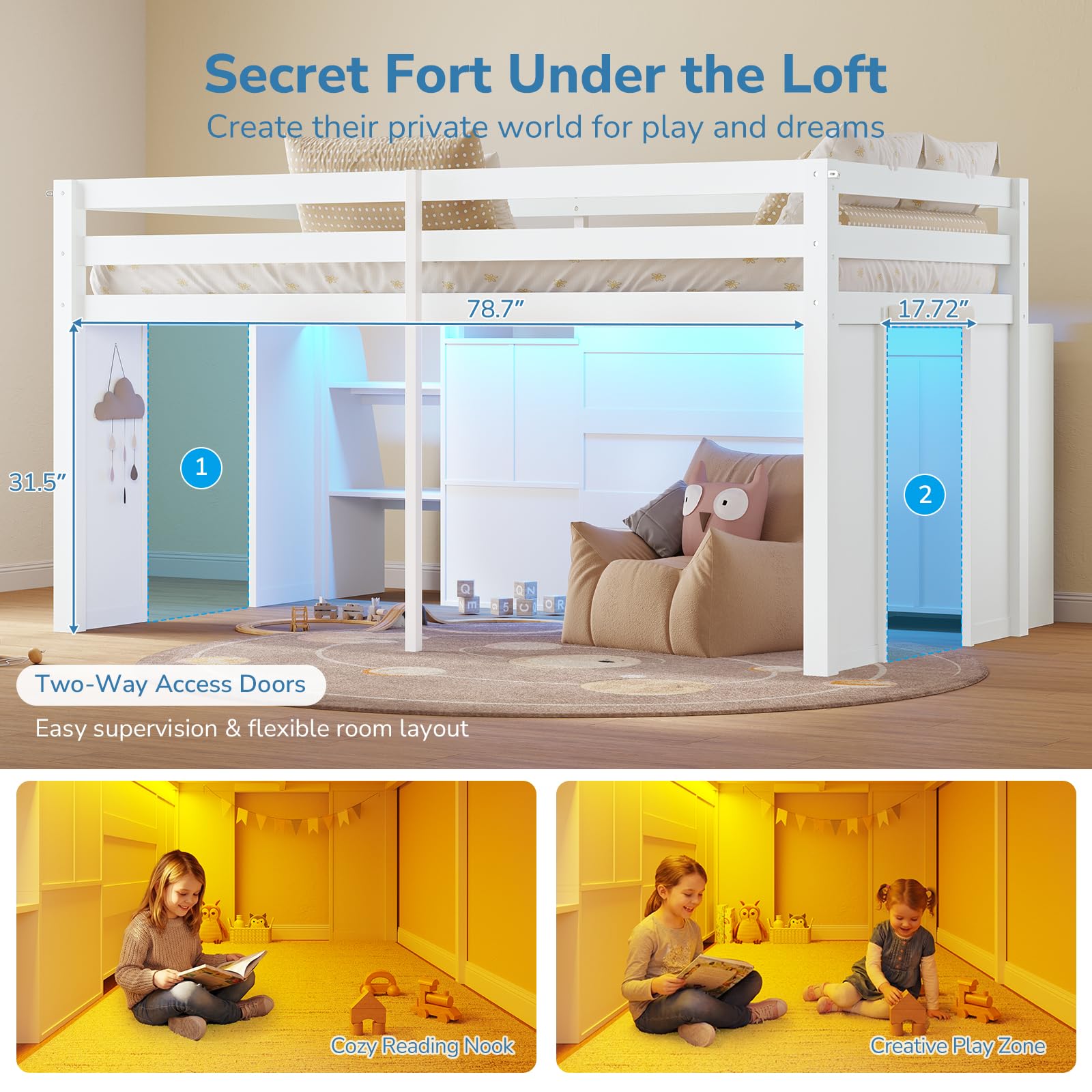 Twin Low Loft Bed with Storage & LED Lights