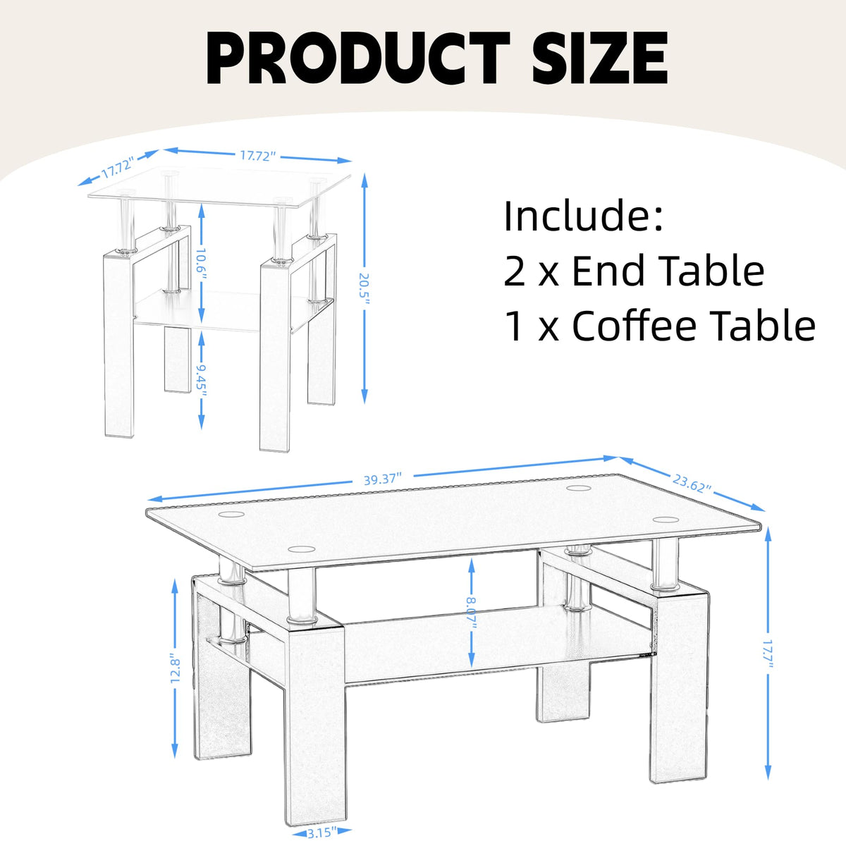 IANIYA Modern Tempered Glass Coffee Table Set - 3 Piece Living Room Table Set - Coffee Table and End Table Set of 3 for Living Room, Office, Apartment, Small Space, Black