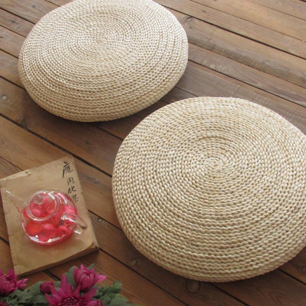 Knitted Straw Flat Seat Cushion, 15.7inch Round Pouf Tatami Cushion Floor